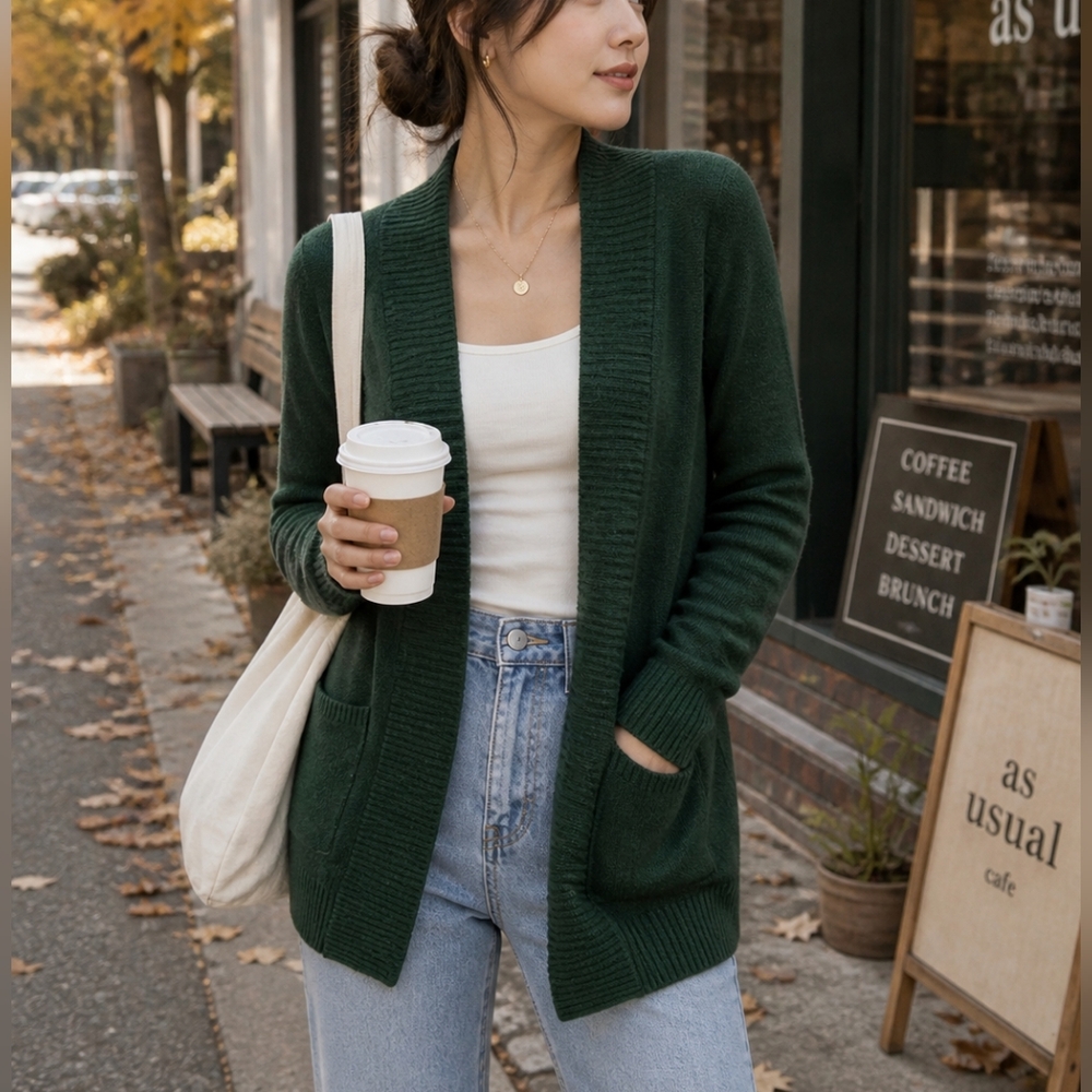 Green Open Front Cardigan Sweater Size XS Soft Knit Lightweight Long Sleeve
